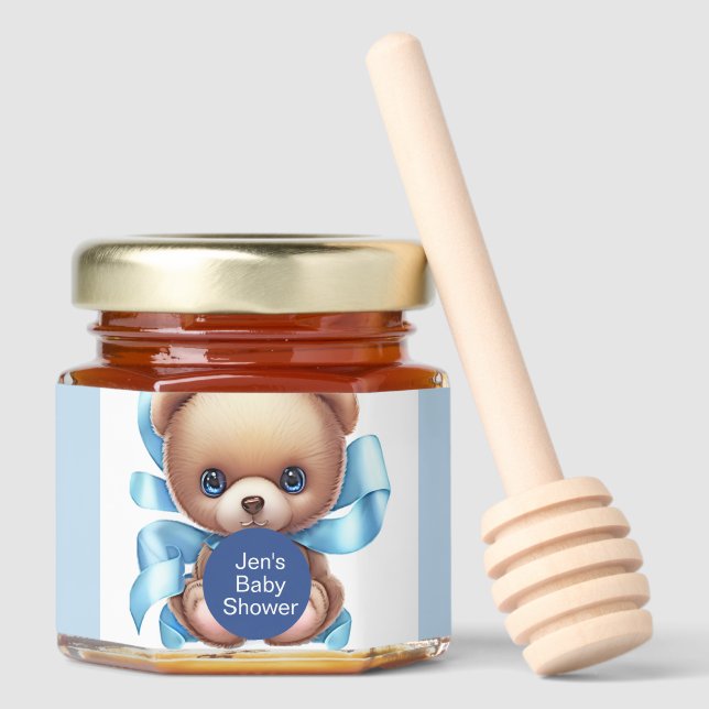 Teddy Bear Blue Baby Shower Theme Honey Jar Favors (Front)