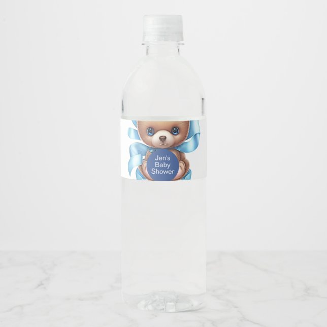 Teddy Bear Blue Baby Shower Water Bottle Label (Front)