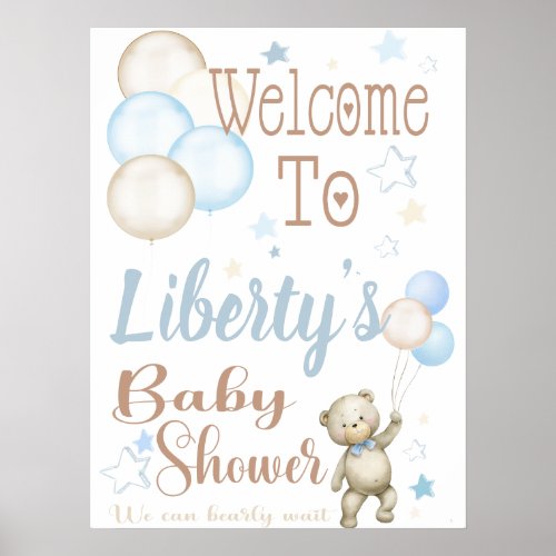 Teddy Bear Blue Baby Shower Welcome Sign Poster