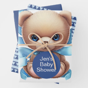 Teddy Bear Blue Baby Shower Wrapping Paper Sheets