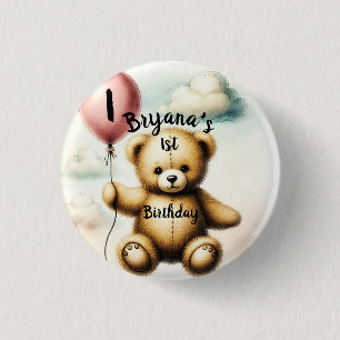 Teddy Bear Blue Balloon 1st Birthday Party Button
