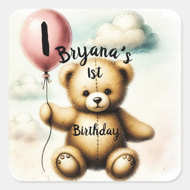 Teddy Bear Blue Balloon 1st Birthday Party Square Sticker (Front)