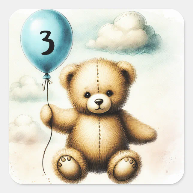 Teddy Bear Blue Balloon 1st Birthday Party Square Sticker | Zazzle