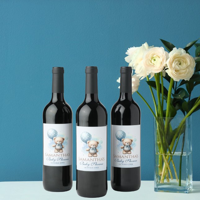 Teddy Bear & Blue Balloon Baby Boy Shower Pastel Wine Label (Creator Uploaded)