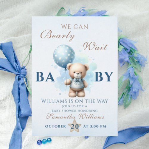 Teddy Bear Blue Balloon Baby Shower Bearly Invitation