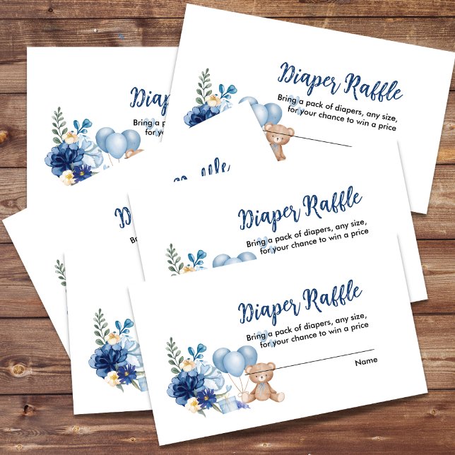 Teddy Bear Blue Balloon Baby Shower Diaper Raffle  Enclosure Card (Creator Uploaded)