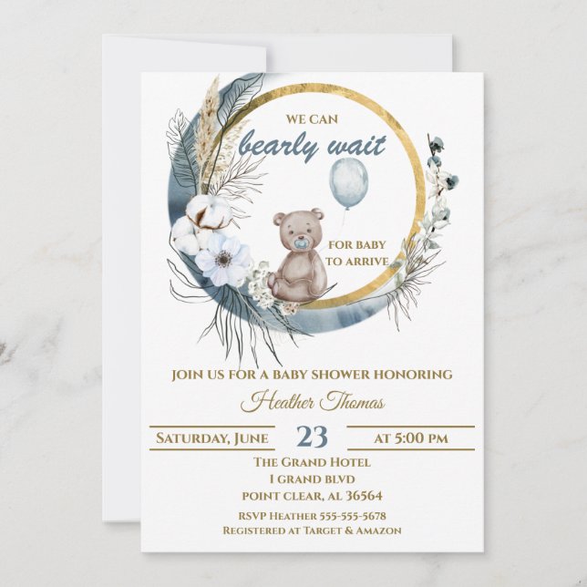 Teddy Bear Blue Balloon Baby Shower Invitation (Front)