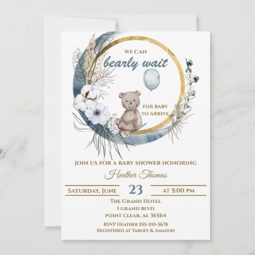 Teddy Bear Blue Balloon Baby Shower Invitation