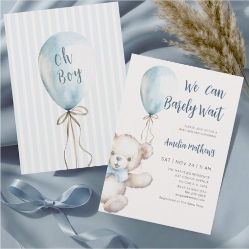 Teddy Bear Blue Balloon Baby Shower Invitation