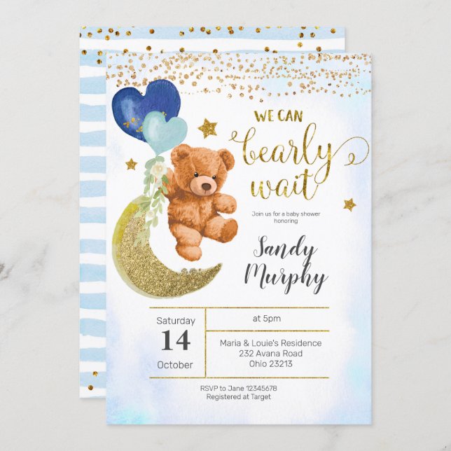 Teddy Bear Blue Balloon Baby Shower Invitation (Front/Back)