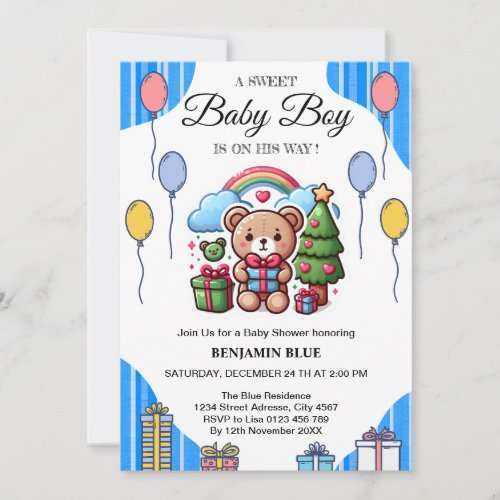 Teddy Bear Blue Balloon Baby Shower Invitation