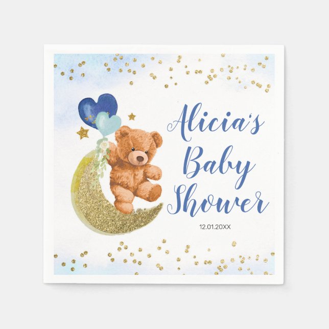 Teddy Bear Blue Balloon Baby Shower Napkins (Front)
