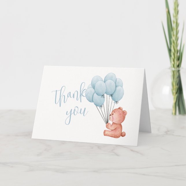 Teddy Bear Blue Balloon Baby Shower Thank You Card (Front)