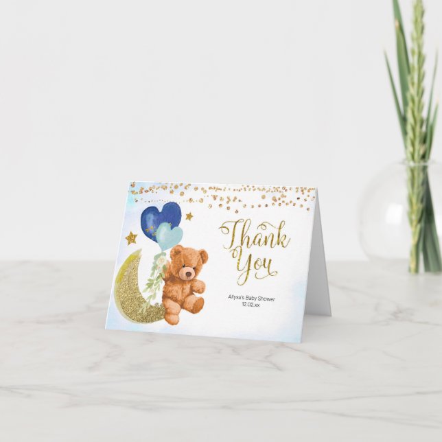 Teddy Bear Blue Balloon Baby Shower Thank You card (Front)