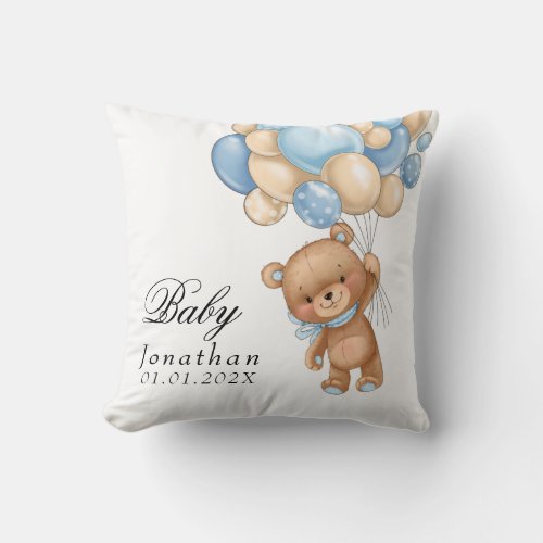 Teddy Bear Blue Balloon Baby Shower   Throw Pillow