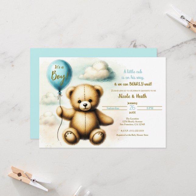 Teddy Bear Blue Balloon Bearly Wait Baby Shower  Invitation (Front/Back In Situ)