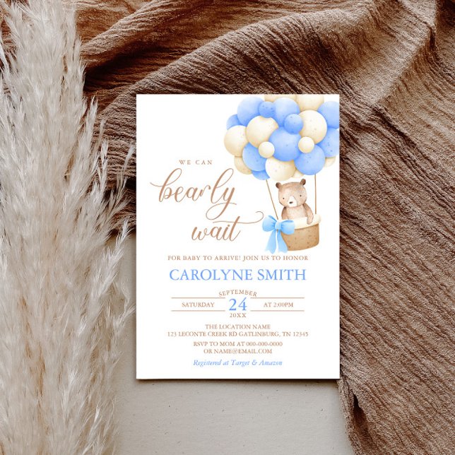 Teddy Bear Blue Balloon Bearly Wait Baby Shower Invitation (Creator Uploaded)
