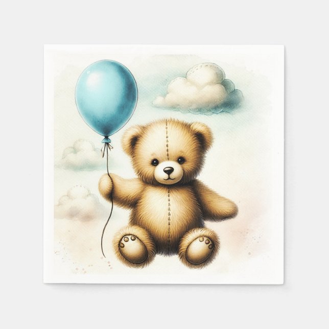 Teddy Bear Blue Balloon Bearly Wait Baby Shower  Napkins (Front)
