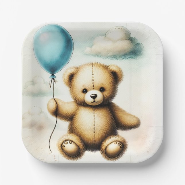 Teddy Bear Blue Balloon Bearly Wait Baby Shower  Paper Plates (Front)