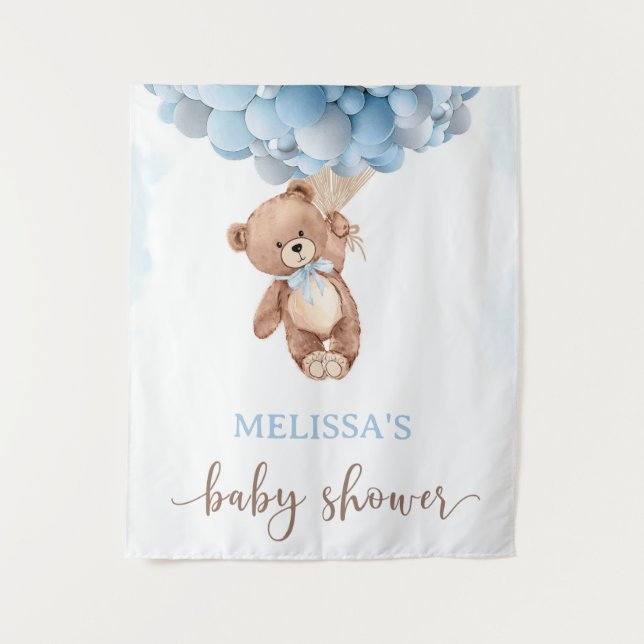 Teddy Bear Blue Balloon Bearly Wait Baby Shower Tapestry (Front)