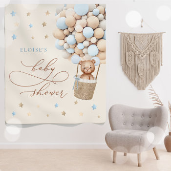 Teddy Bear Blue Balloon Bearly Wait Baby Shower Tapestry by PixelPerfectionParty at Zazzle