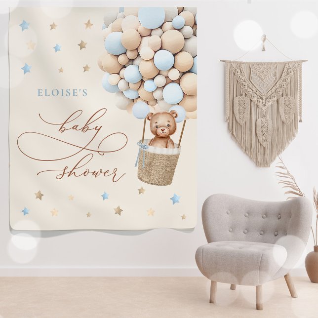 Teddy Bear Blue Balloon Bearly Wait Baby Shower Tapestry (Creator Uploaded)