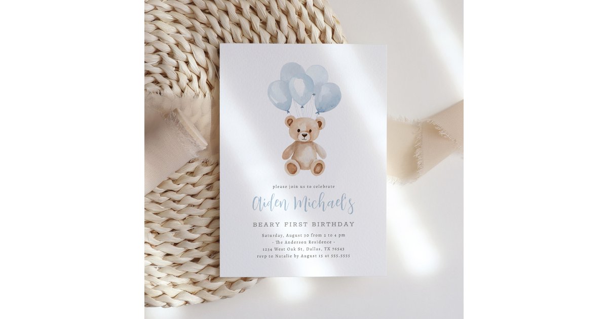 Teddy Bear Blue Balloon Beary First Birthday Invitation | Zazzle