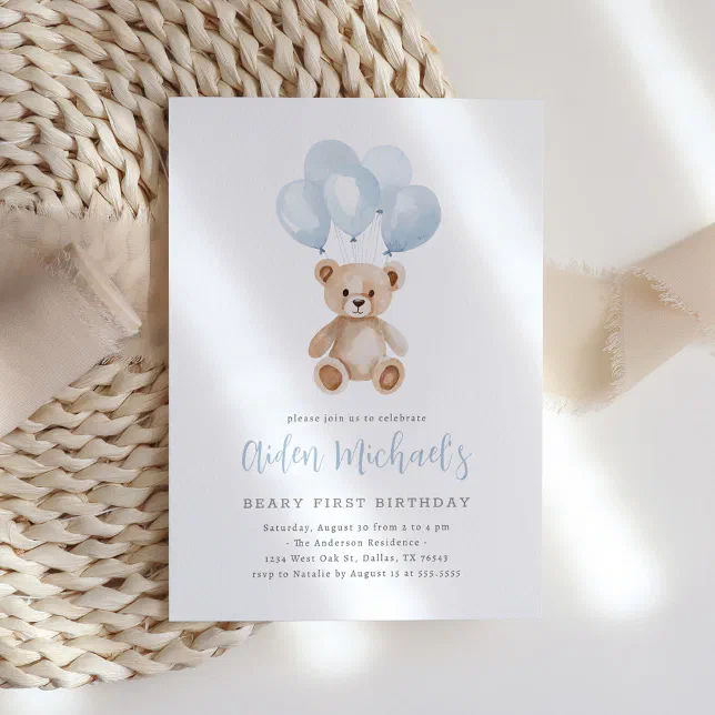 Teddy Bear Blue Balloon Beary First Birthday Invitation | Zazzle