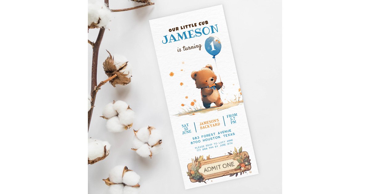 Teddy bear blue balloon Beary first birthday Invitation | Zazzle