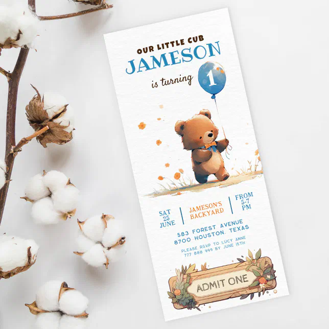 Teddy bear blue balloon Beary first birthday Invitation | Zazzle