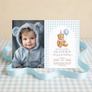 Teddy Bear Blue Balloon Beary First Birthday Photo Invitation