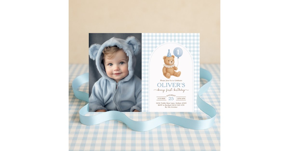 Teddy Bear Blue Balloon Beary First Birthday Photo Invitation | Zazzle