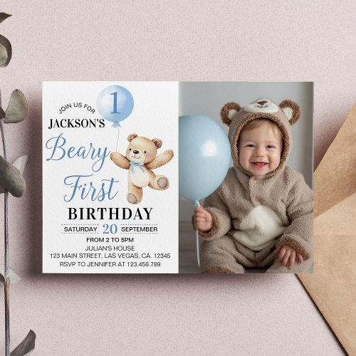 Teddy Bear Blue Balloon Beary First Birthday Photo