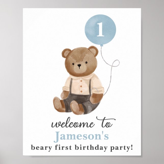 Teddy Bear Blue Balloon Birthday Decor Sign (Front)