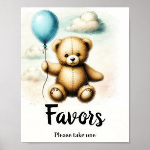 Teddy Bear Blue Balloon Birthday Favor Sign
