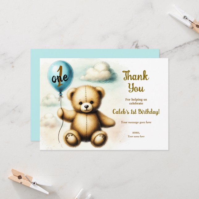 Teddy Bear Blue Balloon Birthday Thank You Invitation (Front/Back In Situ)