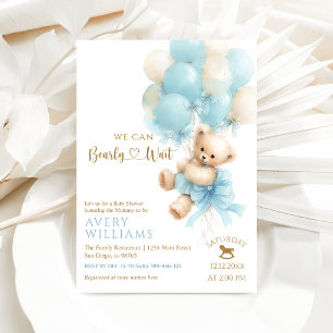 Teddy Bear Blue Balloon Bow Baby Boy Shower Invitation