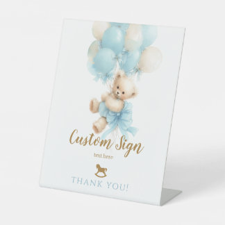 Teddy Bear Blue Balloon Bow Baby Boy Shower Pedestal Sign