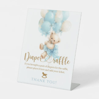 Teddy Bear Blue Balloon Bow Baby Boy Shower Pedestal Sign