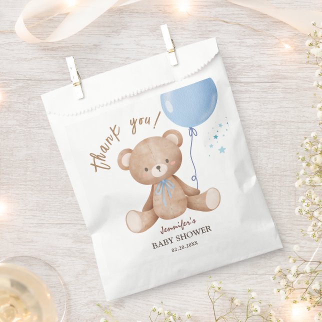 Teddy Bear Blue Balloon Boy Baby Shower  Favor Bag (Clipped)