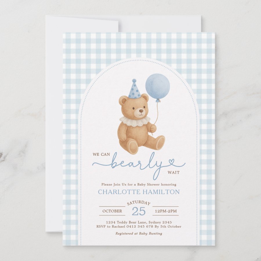 Teddy Bear Blue Balloon Boy Baby Shower Invitation