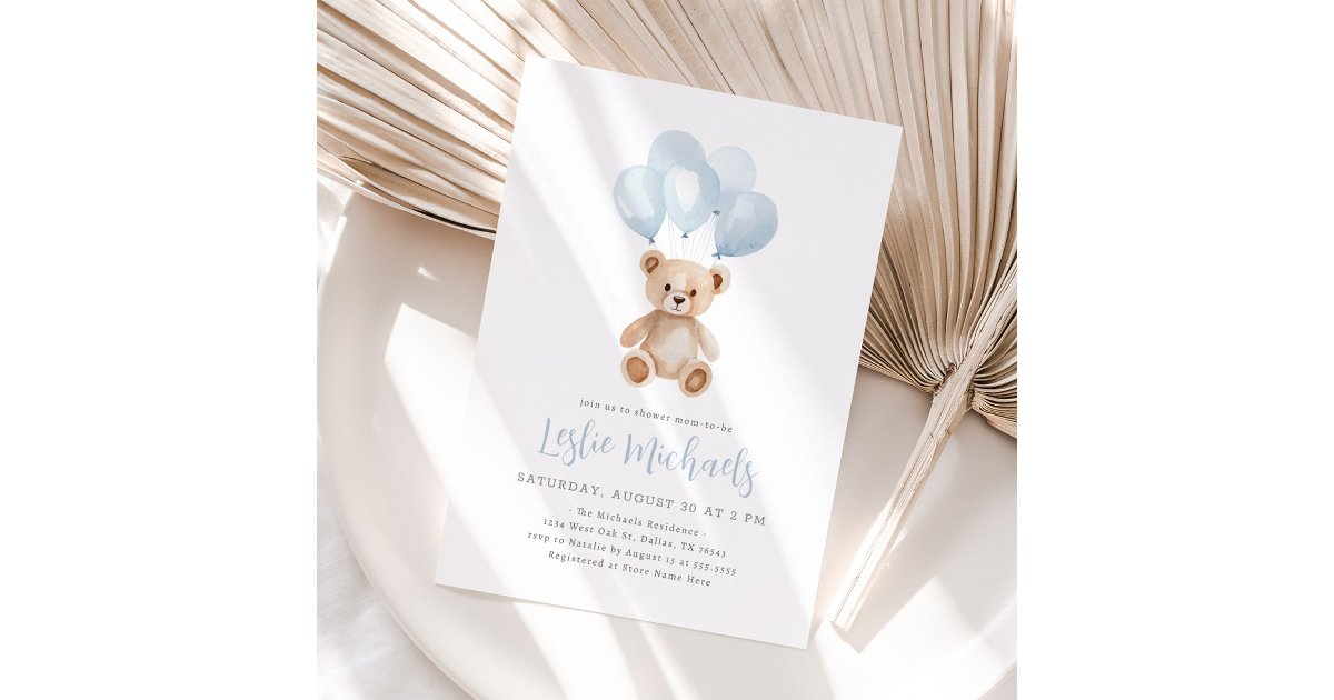 Teddy Bear Blue Balloon Boy Baby shower Invitation | Zazzle