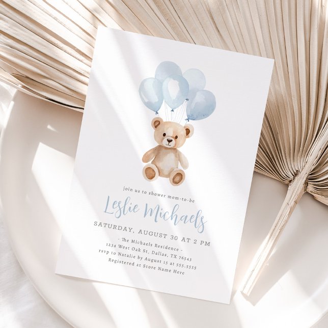 Teddy Bear Blue Balloon Boy Baby shower Invitation (Creator Uploaded)