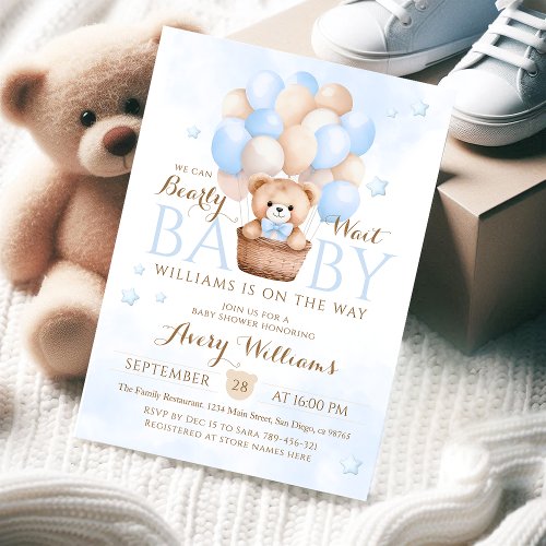 Teddy Bear Blue Balloon Boy Baby Shower  Invitation