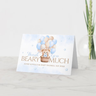Teddy Bear Blue Balloon Boy Baby Shower Letterpress Thank You Card