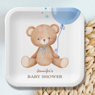 Teddy Bear Blue Balloon Boy Baby Shower Paper Plates
