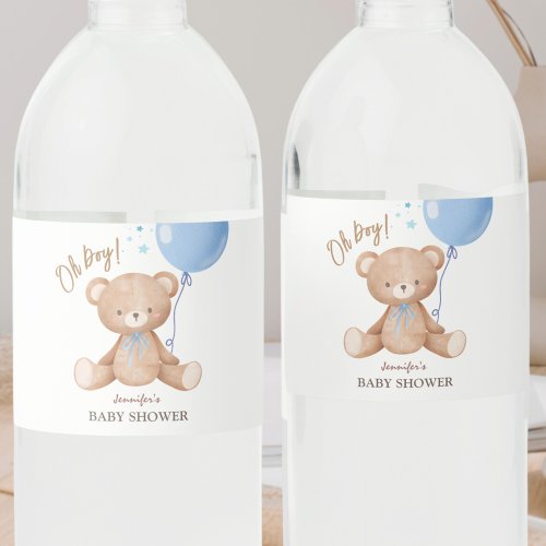 Teddy Bear Blue Balloon  Boy Baby Shower Water Water Bottle Label