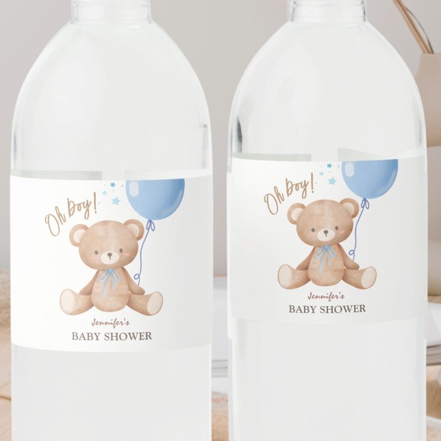 Teddy Bear Blue Balloon | Boy Baby Shower Water Water Bottle Label (Creator Uploaded)