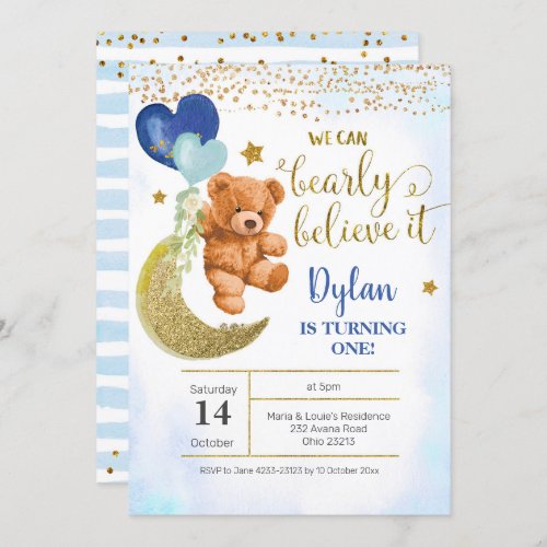 Teddy Bear Blue Balloon Boy Birthday Invitation