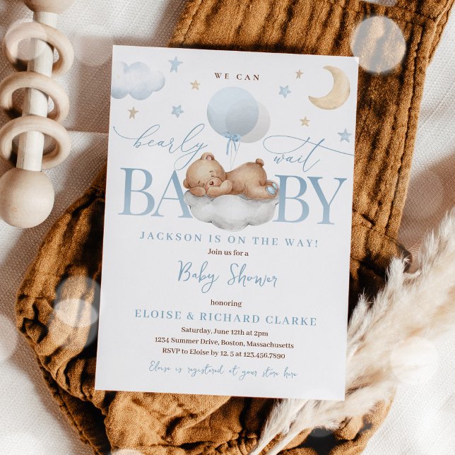 Teddy Bear Blue Balloon Clouds & Stars Baby Shower Invitation (Creator Uploaded)